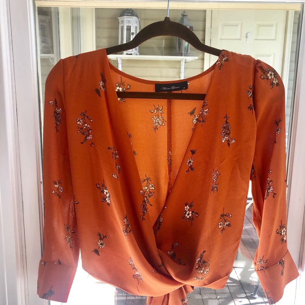 Orange Floral Boutique Blouse - Tie Back